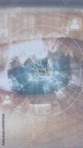 Vertical video: Single eye holding gaze, plane appearing on iris, starting HUD radar for aviation