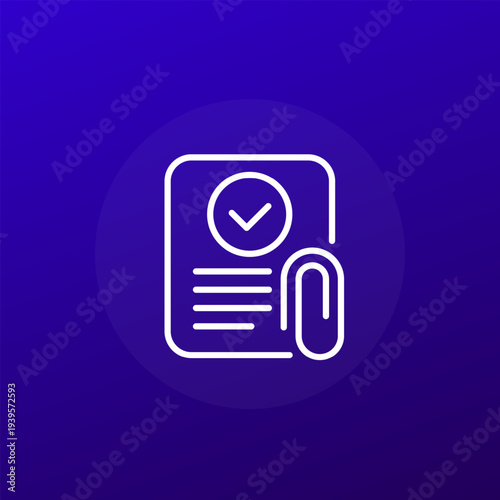 attachment icon with document and checkmark, line design