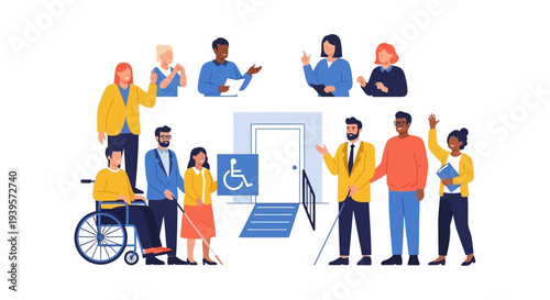 Inclusive Community: Diverse People with Disabilities, Sign Language, Wheelchair Ramp & Guide Dogs