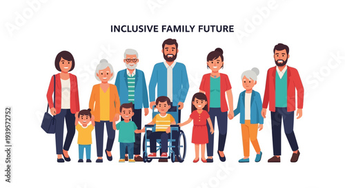 Diverse Multi-Generational Family: Inclusive Portrait with Children, Parents, Grandparents, and Child in Wheelchair, Representing Togetherness and Future