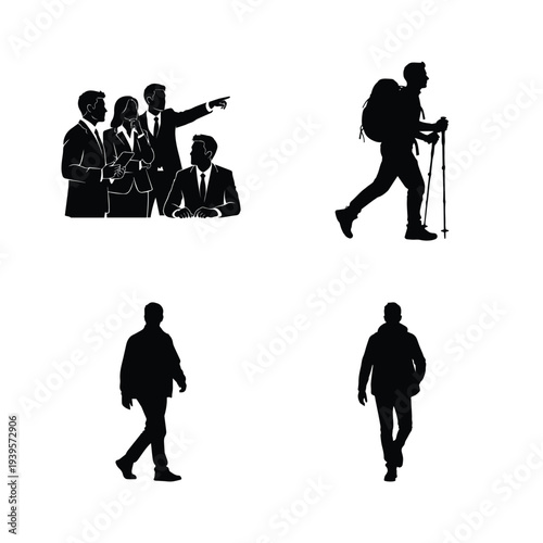 Silhouettes of people in various professional and outdoor activities