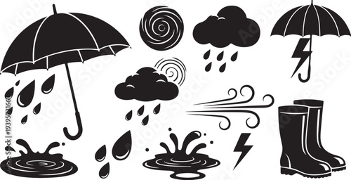 Rainy Day Weather Icons with Umbrellas and Rain Boots