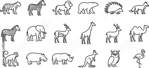 Wild animals line icons set, safari wildlife symbols collection, zoo nature outline pack for apps websites