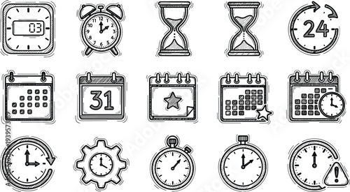 Hand Drawn Time and Calendar Icon Set Featuring Alarm Clock, Hourglass, Stopwatch, Date Calendar, Timer and Schedule Management Symbols