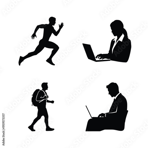 Silhouettes of people working and running in modern lifestyle