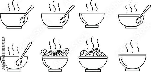 Hot Soup Bowl Line Icon Set with Spoon and Steam, Warm Meal and Asian Noodle Soup Symbols for Restaurant Menu and Food Design