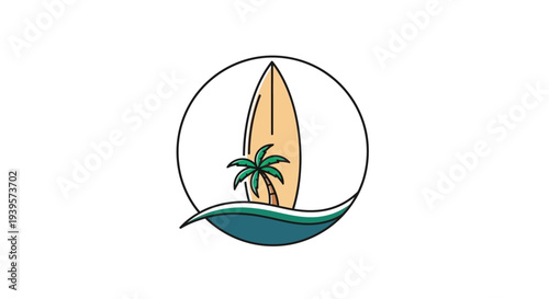 Stylized Surfboard with Palm Tree Emblem Design.