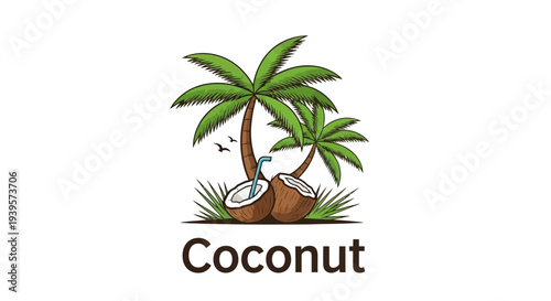 Illustration of coconut with palm trees and tropical elements.