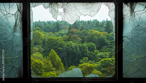 Scenic forest landscape view through broken window with lush green trees and misty atmosphere