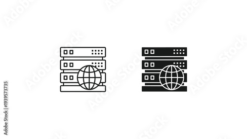 Server with Globe Icon in Minimalist Line Art Style with Black and White Color Scheme on Simple Background for IT Infrastructure