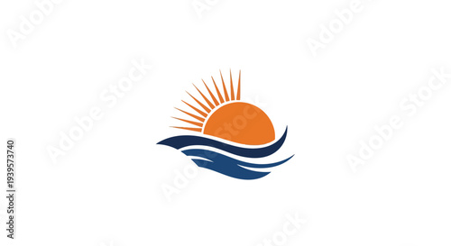 Stylized orange sun rising over blue ocean waves logo design.