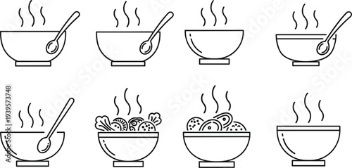 Hot Soup Bowl Line Icon Vector Set with Steam and Spoon Minimal Outline Food Illustration Collection
