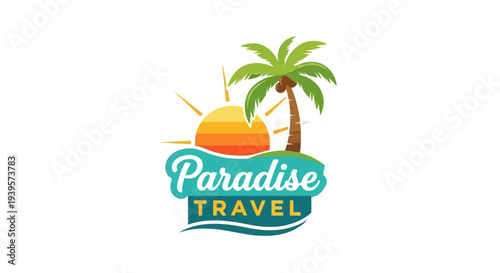 Paradise Travel Logo with Palm Tree and Sun.