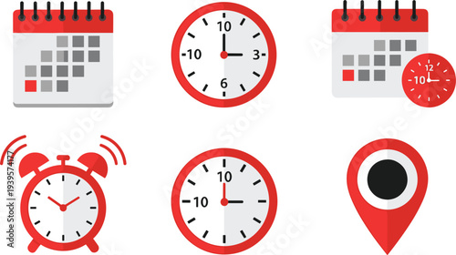 Time and Calendar Vector Icon Set with Clock, Alarm, Schedule and Location Pin Flat Design Symbols