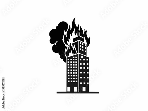 Silhouette of a high-rise building or skyscraper on fire with smoke clouds