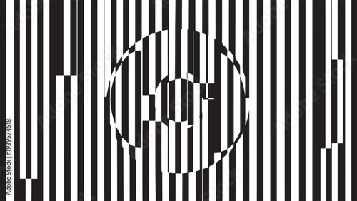 Abstract black and white vertical stripes pattern with a central circular optical illusion element, creating a modern geometric background vector