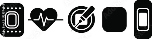 Health and wellness icons representing medical care, fitness, and technology