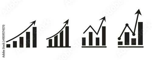 Four black and white bar graph icons with upward trending arrows