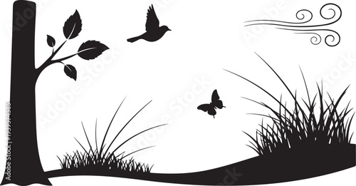 Black Silhouette of Tree with Butterflies and Grass Landscape