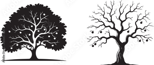 Apple tree silhouette set with lush leafy tree and bare winter branch tree with fruit.
