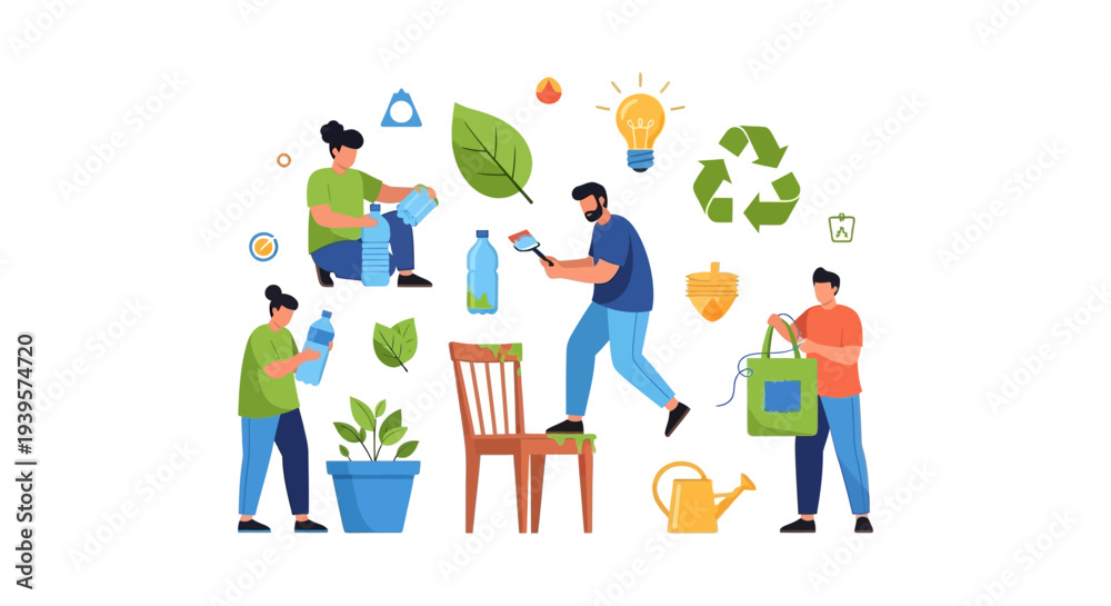 Fototapeta premium Sustainable Living Concept: People Recycling, Upcycling & Reusing Materials. Eco-Friendly Practices, Waste Reduction & Environmental Protection.