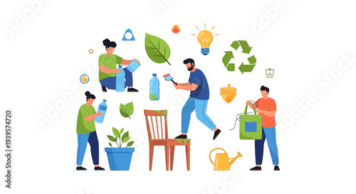 Sustainable Living Concept: People Recycling, Upcycling & Reusing Materials. Eco-Friendly Practices, Waste Reduction & Environmental Protection.