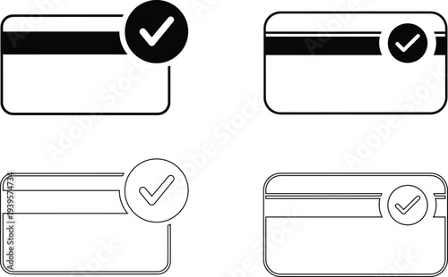 Four credit card icons with checkmarks in different orientations and styles