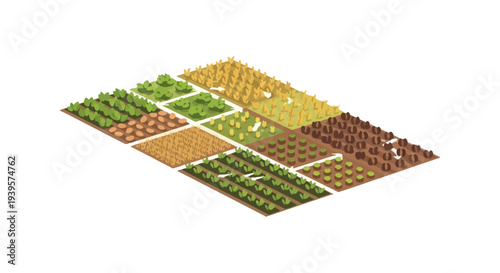 Isometric Crop Rotation System with Diverse Agricultural Fields, Plants, and Food Crops for Sustainable Farming