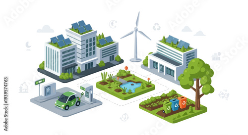 Isometric Green Smart City Concept with Renewable Energy, Electric Vehicles, and Sustainable Urban Planning
