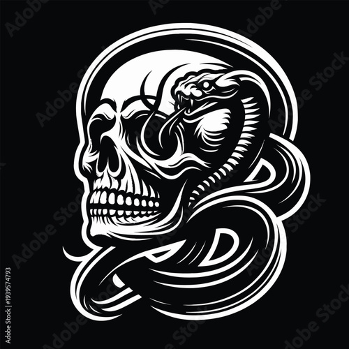 Vector illustration of a stylized skull with a snake coiled around it, forming an icon set element on a solid black background.