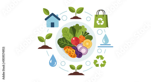 Sustainable Food Cycle Illustration: Healthy Eating, Organic Produce, and Eco-Friendly Lifestyle Concept