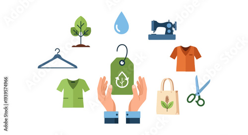 Sustainable Fashion Production & Eco-Friendly Textile Manufacturing Process with Recycling, Water Conservation, and Ethical Sourcing Icons