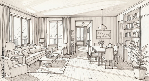 Sketch of a Cozy Living Room Interior Design.