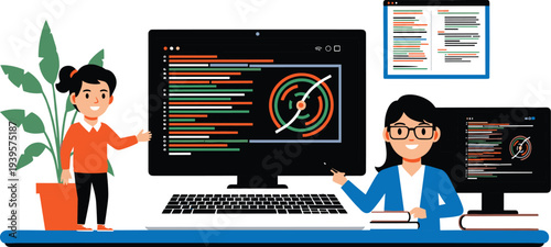 Software Development Team Coding on Computer with Programming Interface Debugging and Technology Education Illustration