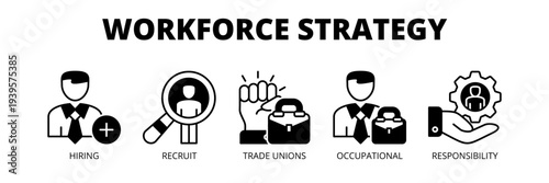 Workforce Strategy web banner icon vector illustration concept for workforce planning with icons of hiring, recruitment, labor unions, occupational management and corporate responsibility.