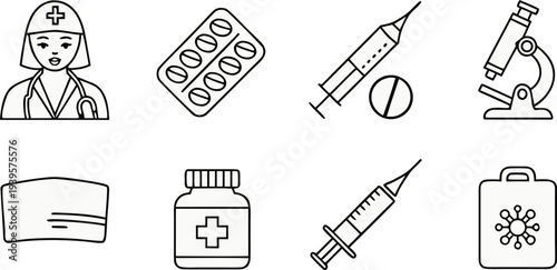 Set of clean and modern medical line icons, including doctor, nurse, pills, syringe, thermometer, microscope, nasal spray, stomach pain, hand washing, virus, and first aid kit. Minimalist thin black o