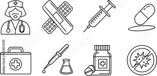 Set of clean and modern medical line icons, including doctor, nurse, pills, syringe, thermometer, microscope, nasal spray, stomach pain, hand washing, virus, and first aid kit. Minimalist thin black o