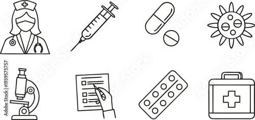 Set of clean and modern medical line icons, including doctor, nurse, pills, syringe, thermometer, microscope, nasal spray, stomach pain, hand washing, virus, and first aid kit. Minimalist thin black o