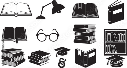 Education icons with books, glasses, and graduation cap symbols