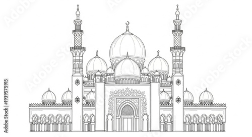 Detailed Line Drawing of Iconic Taj Mahal Architecture.