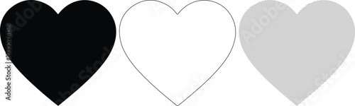 Three heart shapes in black, dotted line, and halftone patterns on white background for love, Valentine's Day, or romantic concepts.