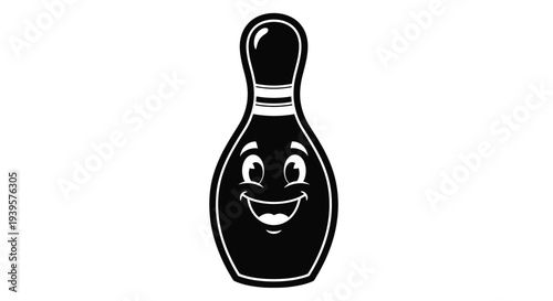 Smiling bowling pin character design with a simple black silhouette