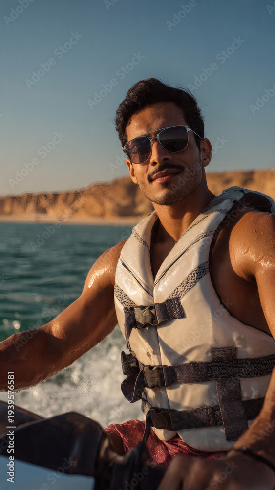 Fototapeta premium A very handsome Omani male model riding a watercraft in a serene desert lake environment from a close-up viewpoint during the daytime