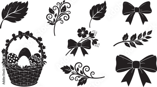 Easter basket with eggs and decorative leaves and bows