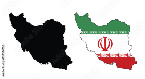 Map of iran with flag and black silhouette representation
