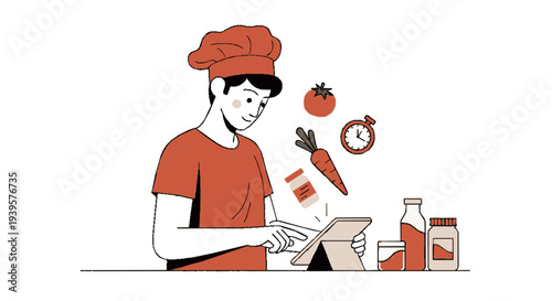 Chef planning meal with fresh ingredients and digital tablet in kitchen