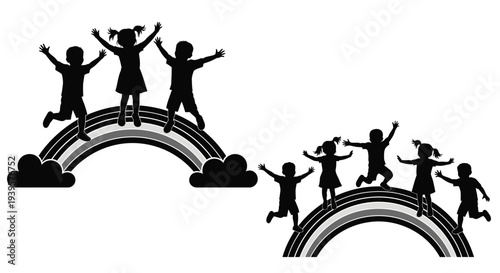 Joyful children jumping on rainbows a playful black silhouette