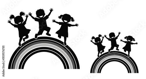 Joyful children jumping on rainbows a playful black silhouette