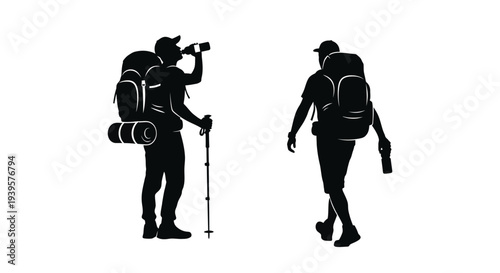 Two hikers with backpacks enjoying a drink minimalist silhouette