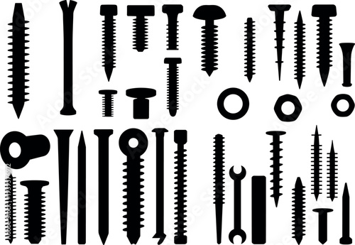 Collection of hardware silhouettes featuring screws, nails, bolts, washers, and wrenches arranged in grid pattern for construction reference